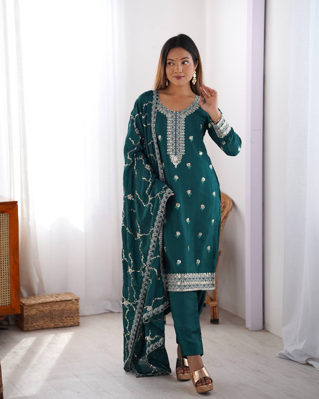 Festive Wear Teal Color Chinon Silk And Sequence Work Beautiful Salwar Suit