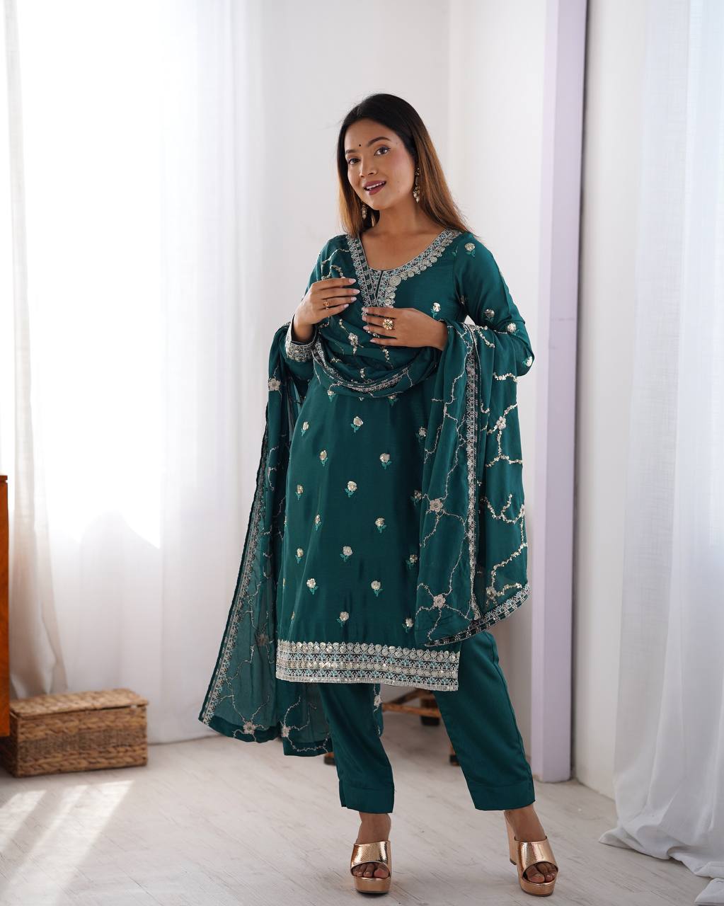 Festive Wear Teal Color Chinon Silk And Sequence Work Beautiful Salwar Suit