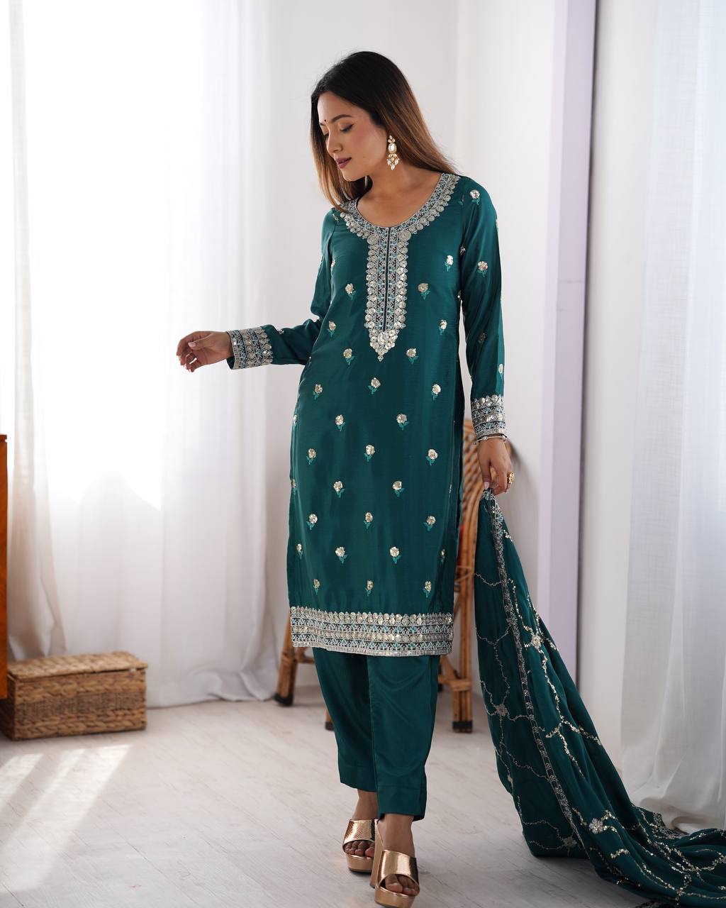 Festive Wear Teal Color Chinon Silk And Sequence Work Beautiful Salwar Suit
