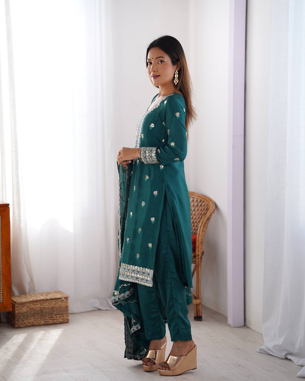 Festive Wear Teal Color Chinon Silk And Sequence Work Beautiful Salwar Suit