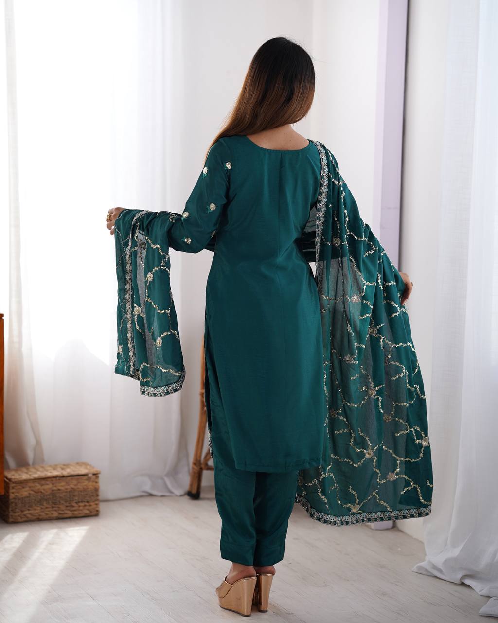 Festive Wear Teal Color Chinon Silk And Sequence Work Beautiful Salwar Suit