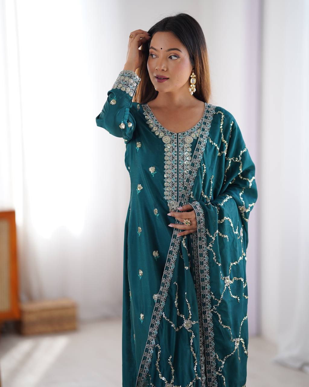 Festive Wear Teal Color Chinon Silk And Sequence Work Beautiful Salwar Suit