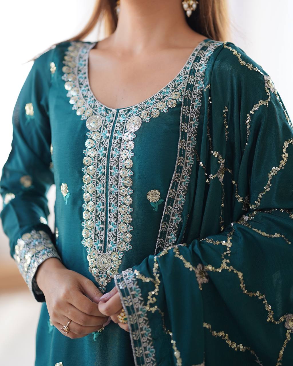 Festive Wear Teal Color Chinon Silk And Sequence Work Beautiful Salwar Suit