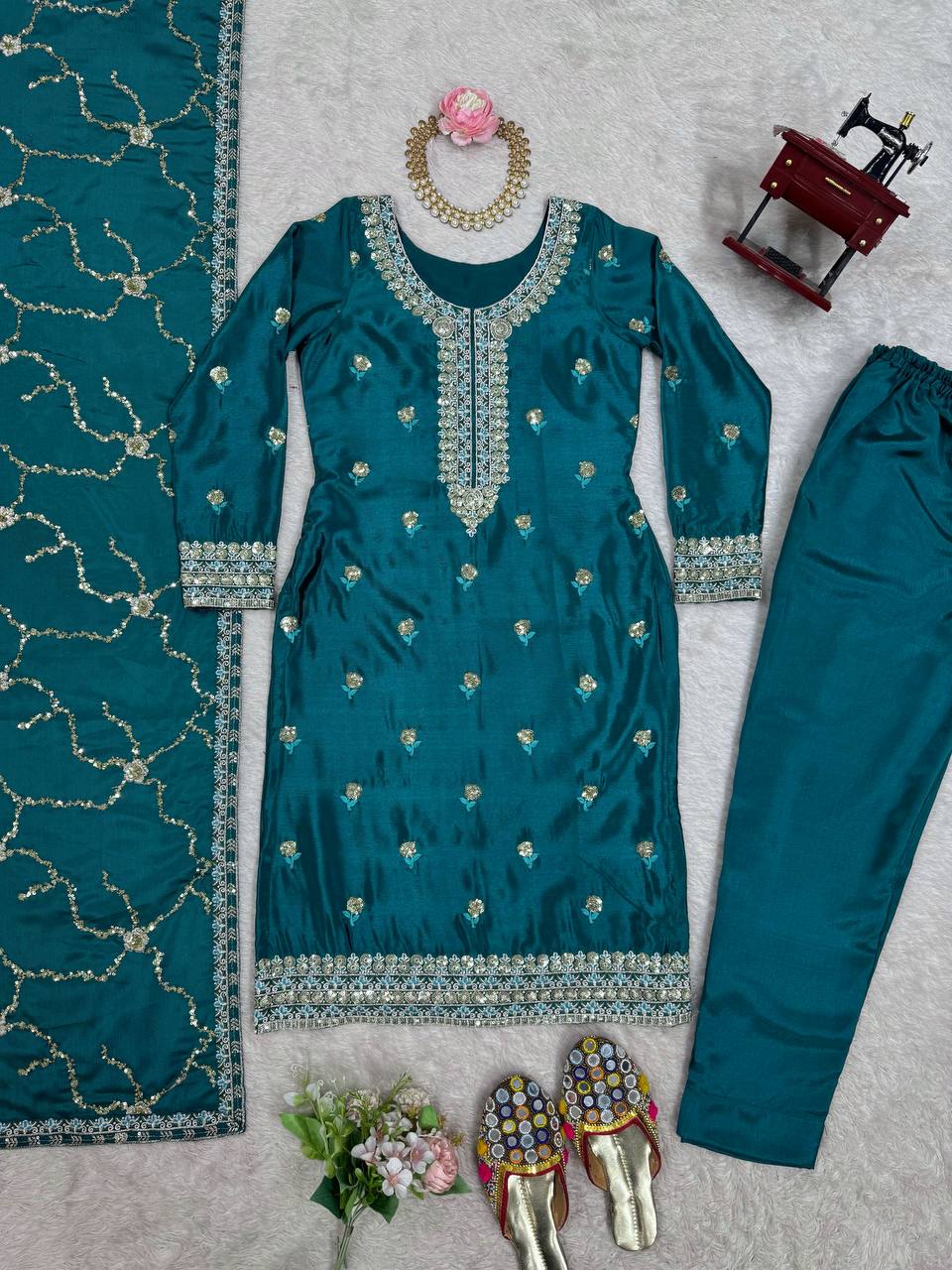 Festive Wear Teal Color Chinon Silk And Sequence Work Beautiful Salwar Suit