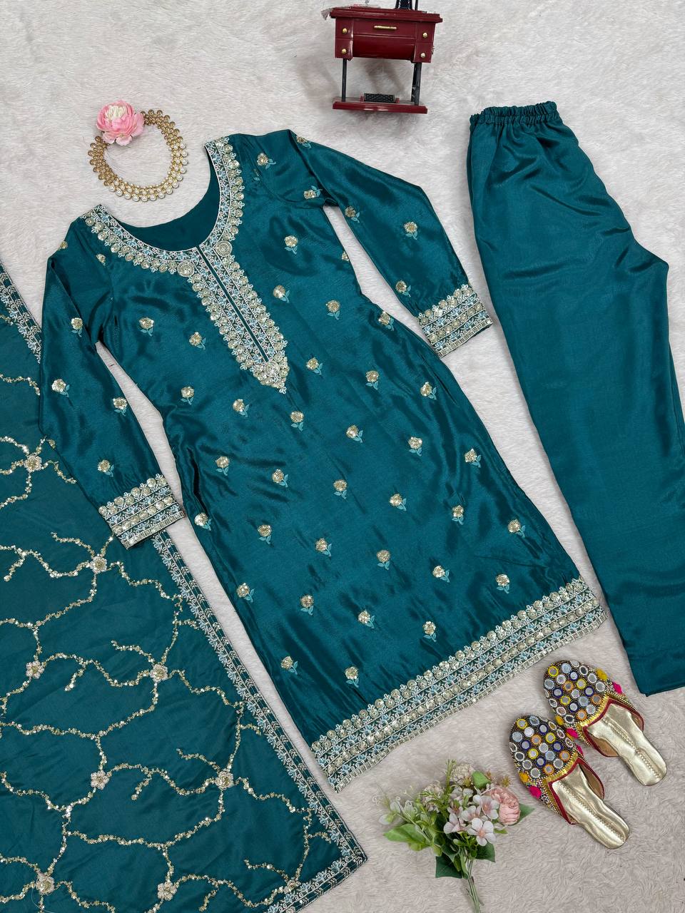 Festive Wear Teal Color Chinon Silk And Sequence Work Beautiful Salwar Suit