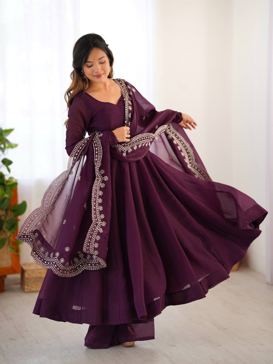 Designer Beautiful Party Wear Look Wine Color Heavy Fandy Silk Gown