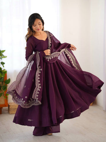 Designer Beautiful Party Wear Look Wine Color Heavy Fandy Silk Gown