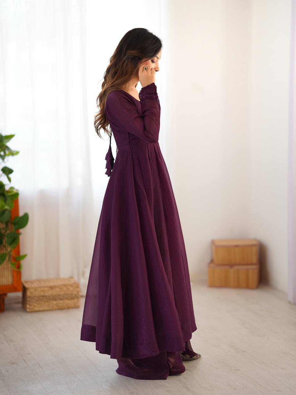 Designer Beautiful Party Wear Look Wine Color Heavy Fandy Silk Gown