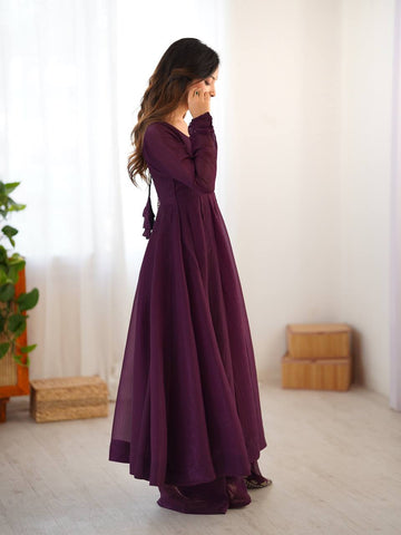 Designer Beautiful Party Wear Look Wine Color Heavy Fandy Silk Gown