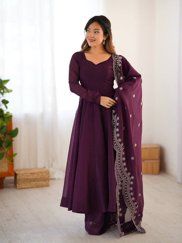 Designer Beautiful Party Wear Look Wine Color Heavy Fandy Silk Gown