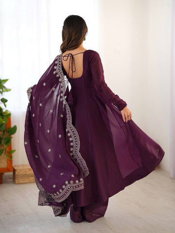 Designer Beautiful Party Wear Look Wine Color Heavy Fandy Silk Gown