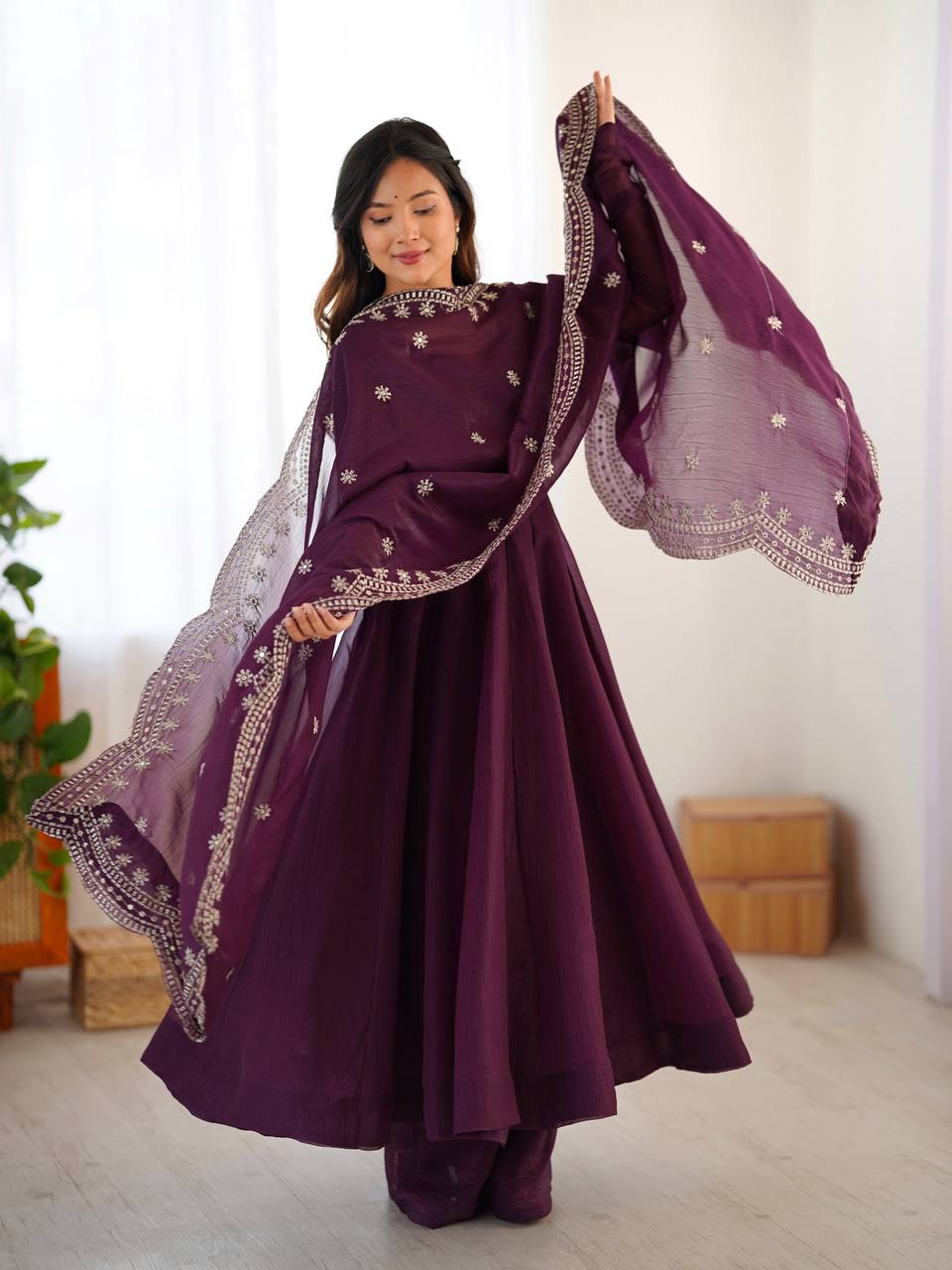 Designer Beautiful Party Wear Look Wine Color Heavy Fandy Silk Gown