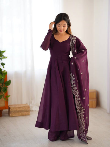 Designer Beautiful Party Wear Look Wine Color Heavy Fandy Silk Gown