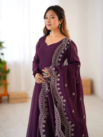 Designer Beautiful Party Wear Look Wine Color Heavy Fandy Silk Gown