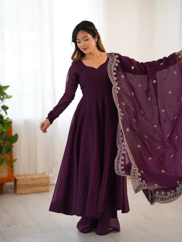 Designer Beautiful Party Wear Look Wine Color Heavy Fandy Silk Gown