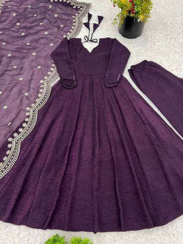 Designer Beautiful Party Wear Look Wine Color Heavy Fandy Silk Gown