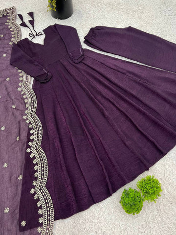 Designer Beautiful Party Wear Look Wine Color Heavy Fandy Silk Gown