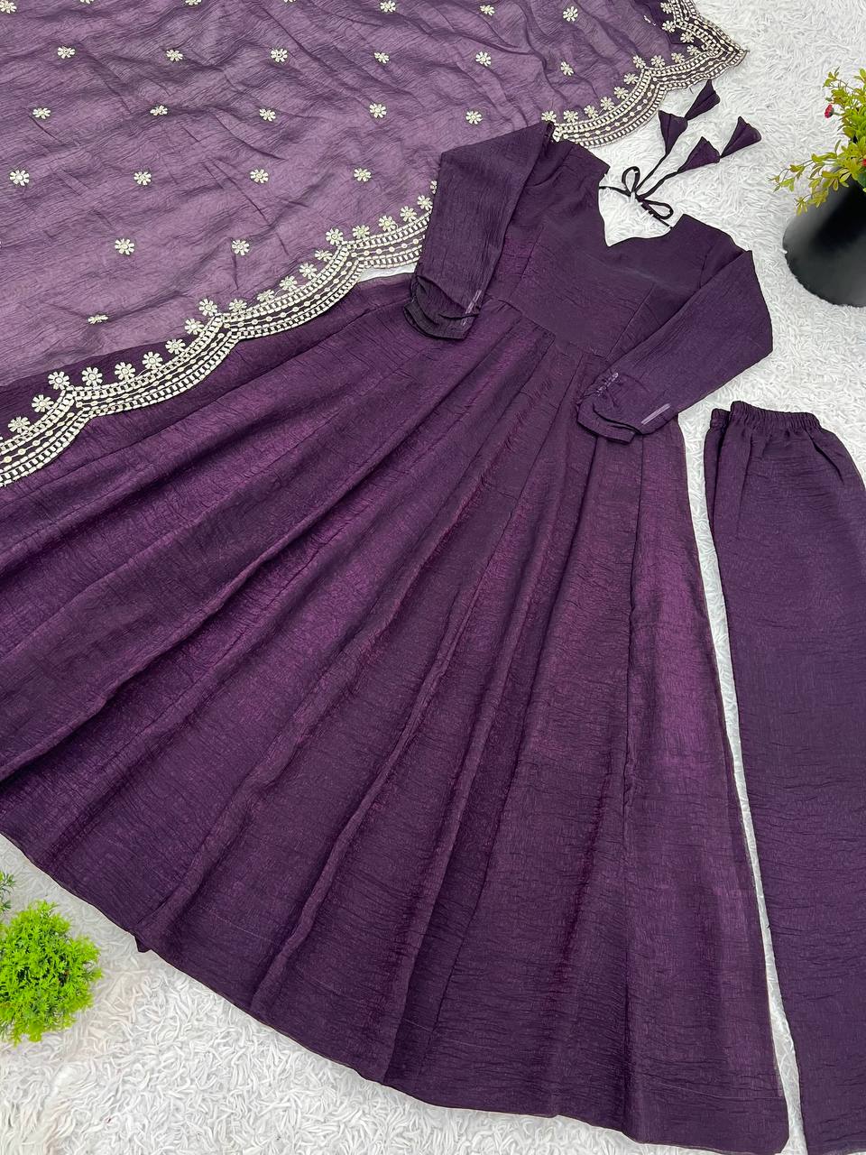 Designer Beautiful Party Wear Look Wine Color Heavy Fandy Silk Gown