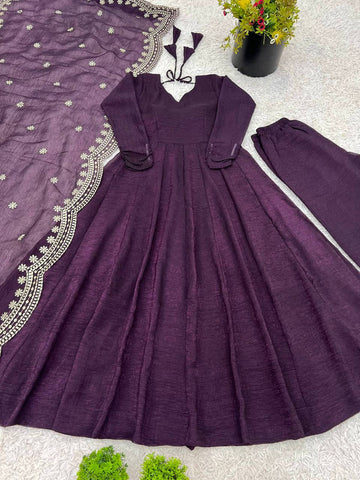 Designer Beautiful Party Wear Look Wine Color Heavy Fandy Silk Gown