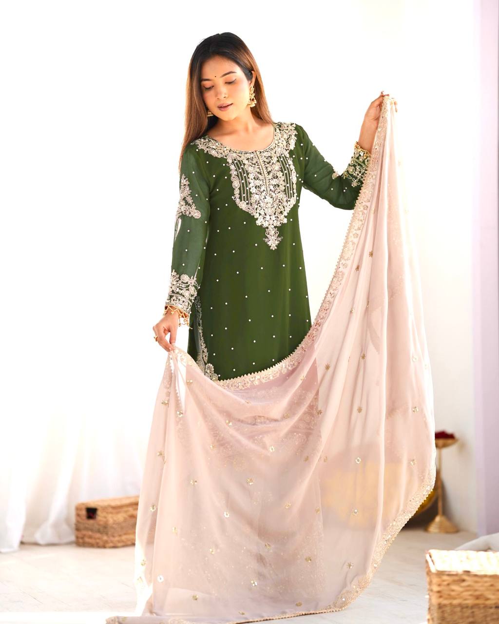 Occasion Wear Green Color Heavy Faux Georgette With Heavy Embroidery Work Palazzo Suit