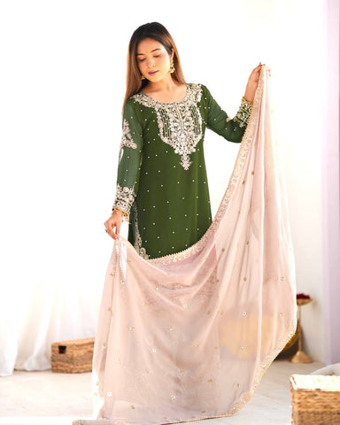 Occasion Wear Green Color Heavy Faux Georgette With Heavy Embroidery Work Palazzo Suit