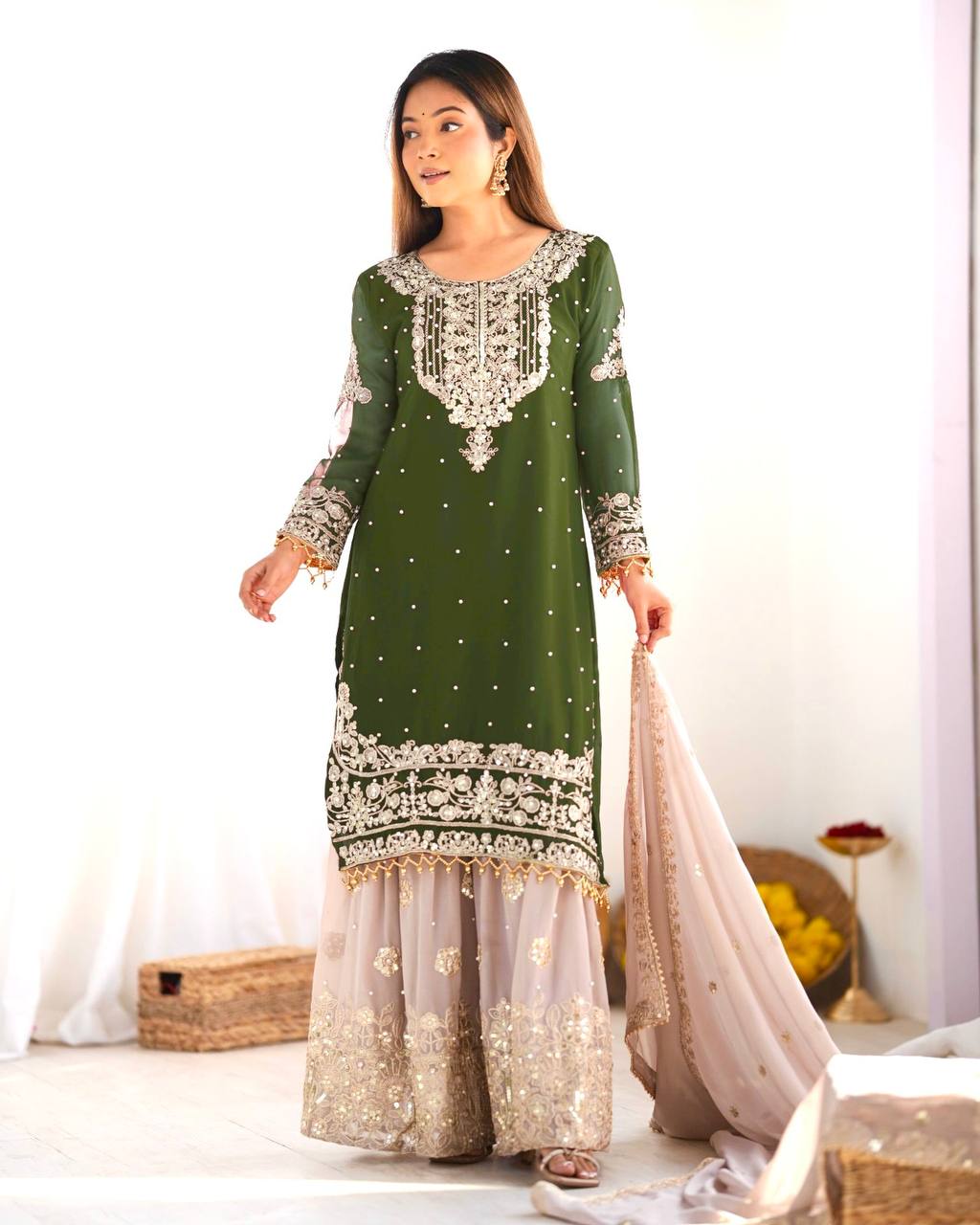 Occasion Wear Green Color Heavy Faux Georgette With Heavy Embroidery Work Palazzo Suit