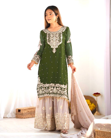 Occasion Wear Green Color Heavy Faux Georgette With Heavy Embroidery Work Palazzo Suit