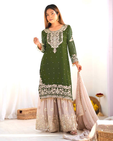 Occasion Wear Green Color Heavy Faux Georgette With Heavy Embroidery Work Palazzo Suit