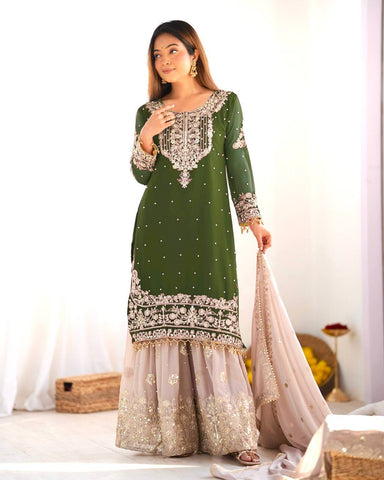 Occasion Wear Green Color Heavy Faux Georgette With Heavy Embroidery Work Palazzo Suit