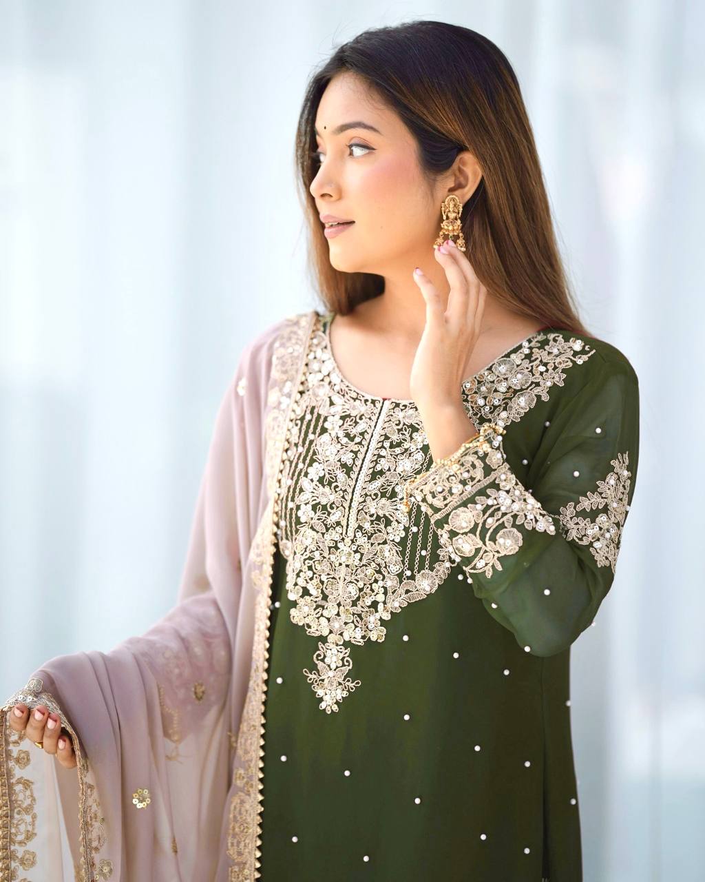 Occasion Wear Green Color Heavy Faux Georgette With Heavy Embroidery Work Palazzo Suit