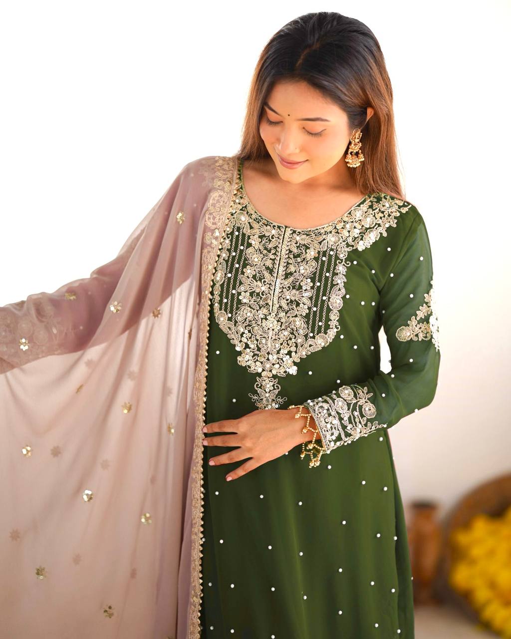 Occasion Wear Green Color Heavy Faux Georgette With Heavy Embroidery Work Palazzo Suit
