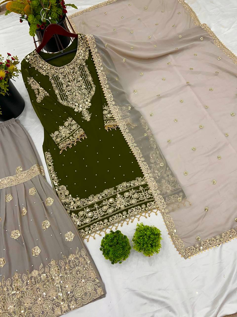 Occasion Wear Green Color Heavy Faux Georgette With Heavy Embroidery Work Palazzo Suit