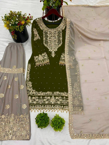 Occasion Wear Green Color Heavy Faux Georgette With Heavy Embroidery Work Palazzo Suit