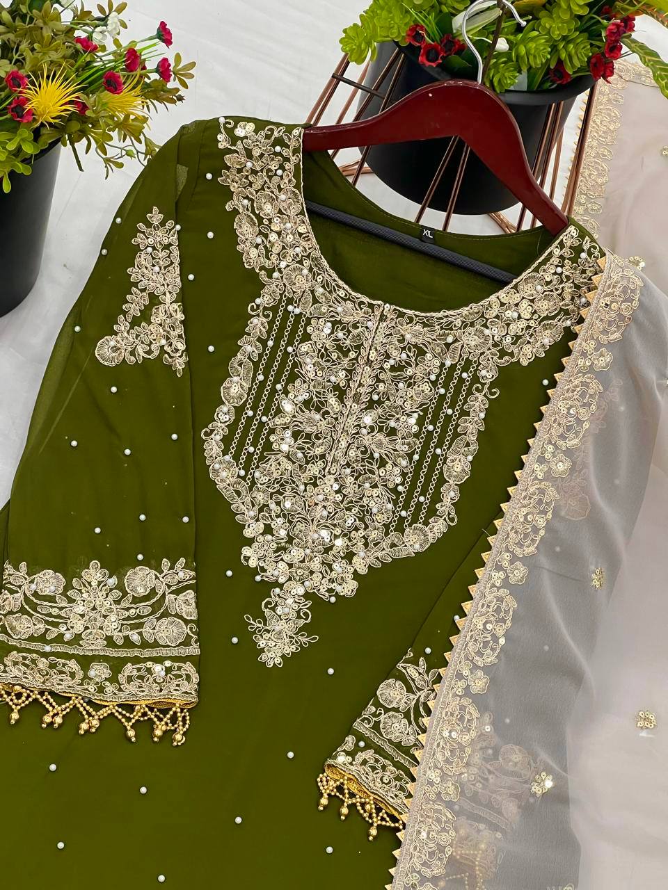 Occasion Wear Green Color Heavy Faux Georgette With Heavy Embroidery Work Palazzo Suit