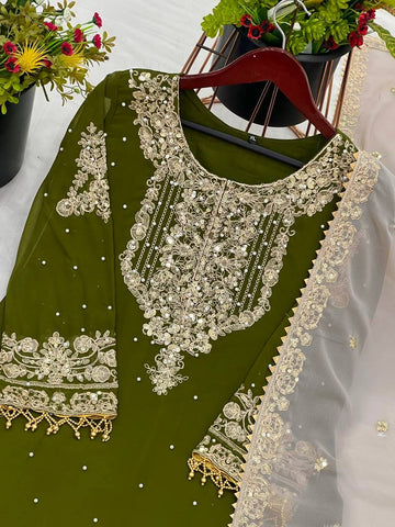 Occasion Wear Green Color Heavy Faux Georgette With Heavy Embroidery Work Palazzo Suit