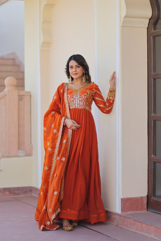 Festive Wear Fanta Color Zari And Sequins Embroidered Work Designer Gown