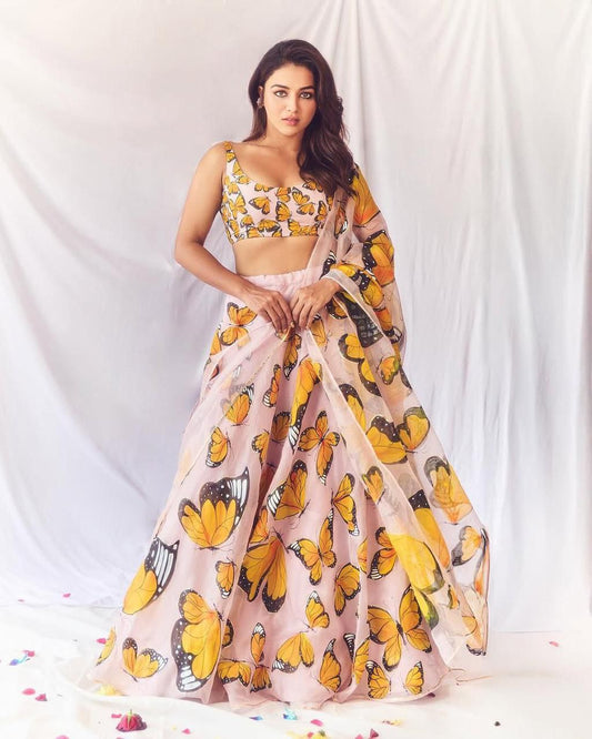Function Wear Yellow Color Pure Organza Silk Digital Printed Designer Lehenga Choli
