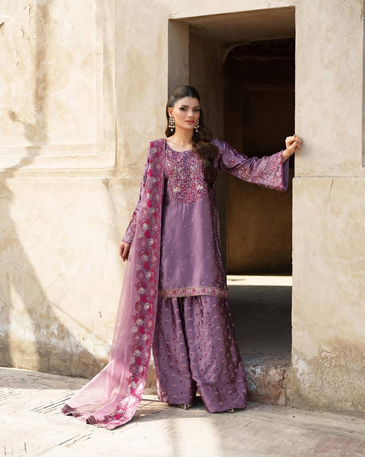 Luxuriant Lavender Color Heavy Faux Georgette With Embroidery Sequence Work Sharara Suit