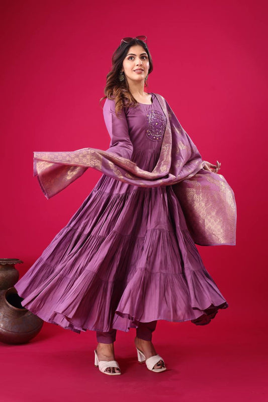 Engagement Wear Purple Color Heavy Embroidery Sequence Work Gown With Dupatta
