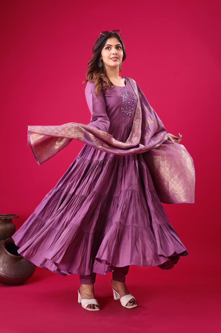 Engagement Wear Purple Color Heavy Embroidery Sequence Work Gown With Dupatta