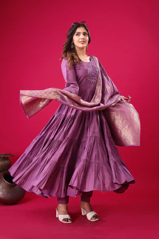 Engagement Wear Purple Color Heavy Embroidery Sequence Work Gown With Dupatta