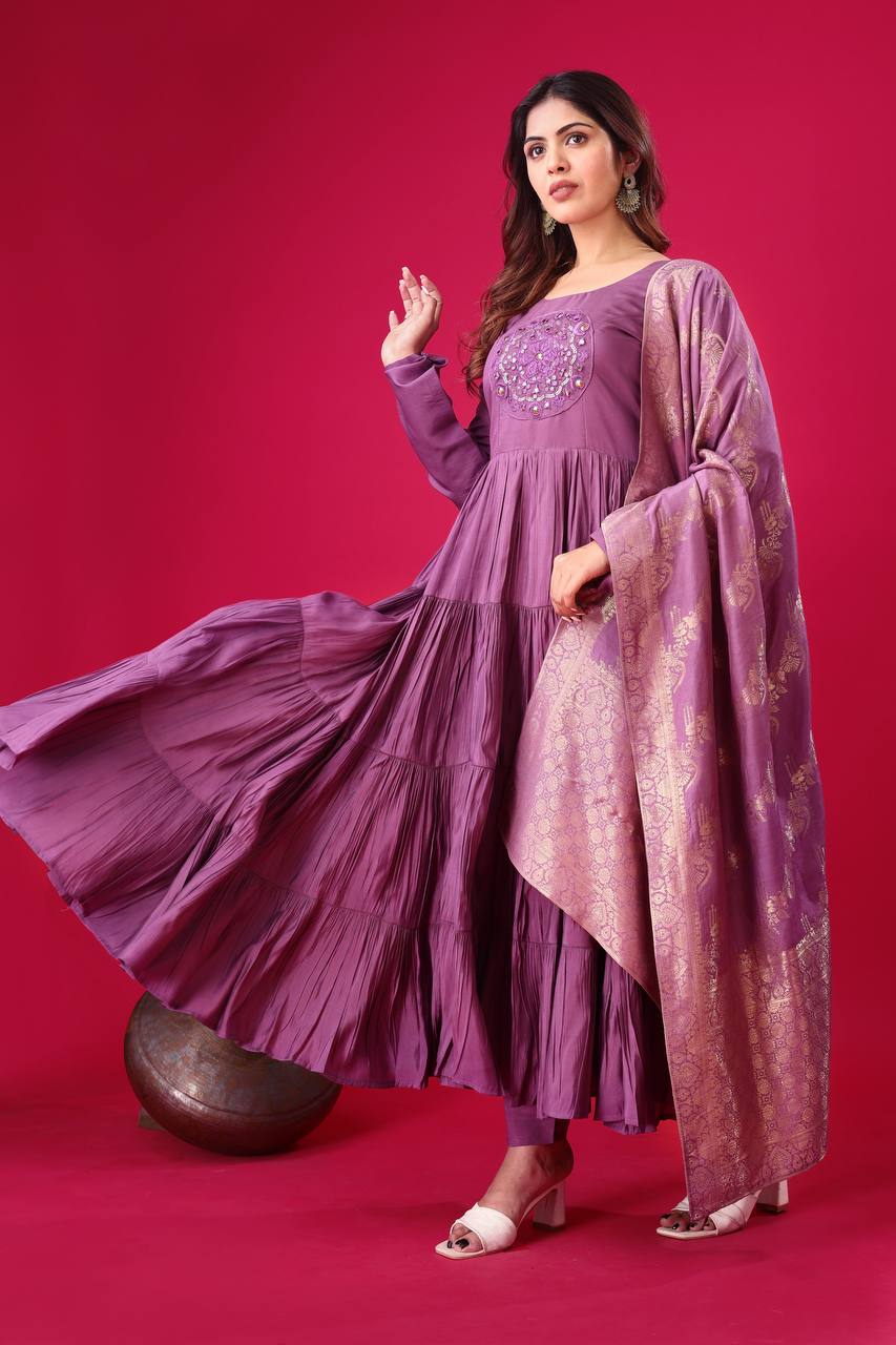 Engagement Wear Purple Color Heavy Embroidery Sequence Work Gown With Dupatta