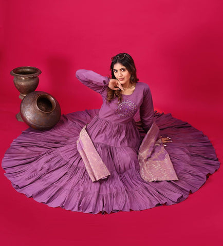 Engagement Wear Purple Color Heavy Embroidery Sequence Work Gown With Dupatta
