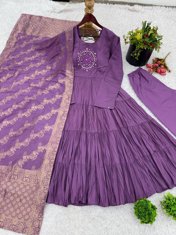Engagement Wear Purple Color Heavy Embroidery Sequence Work Gown With Dupatta