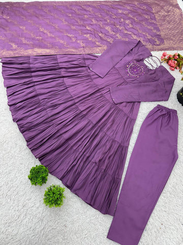 Engagement Wear Purple Color Heavy Embroidery Sequence Work Gown With Dupatta