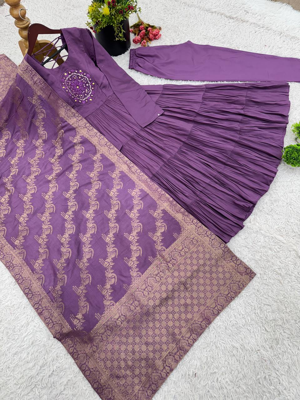Engagement Wear Purple Color Heavy Embroidery Sequence Work Gown With Dupatta