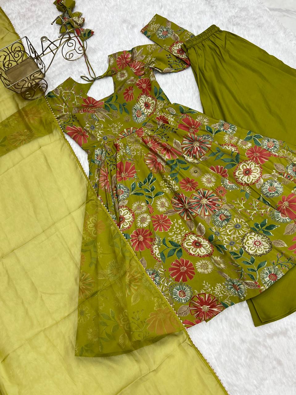 Dazzling Green Color Heavy Pure Soft Roman Silk Chanderi Designer Palazzo Suit