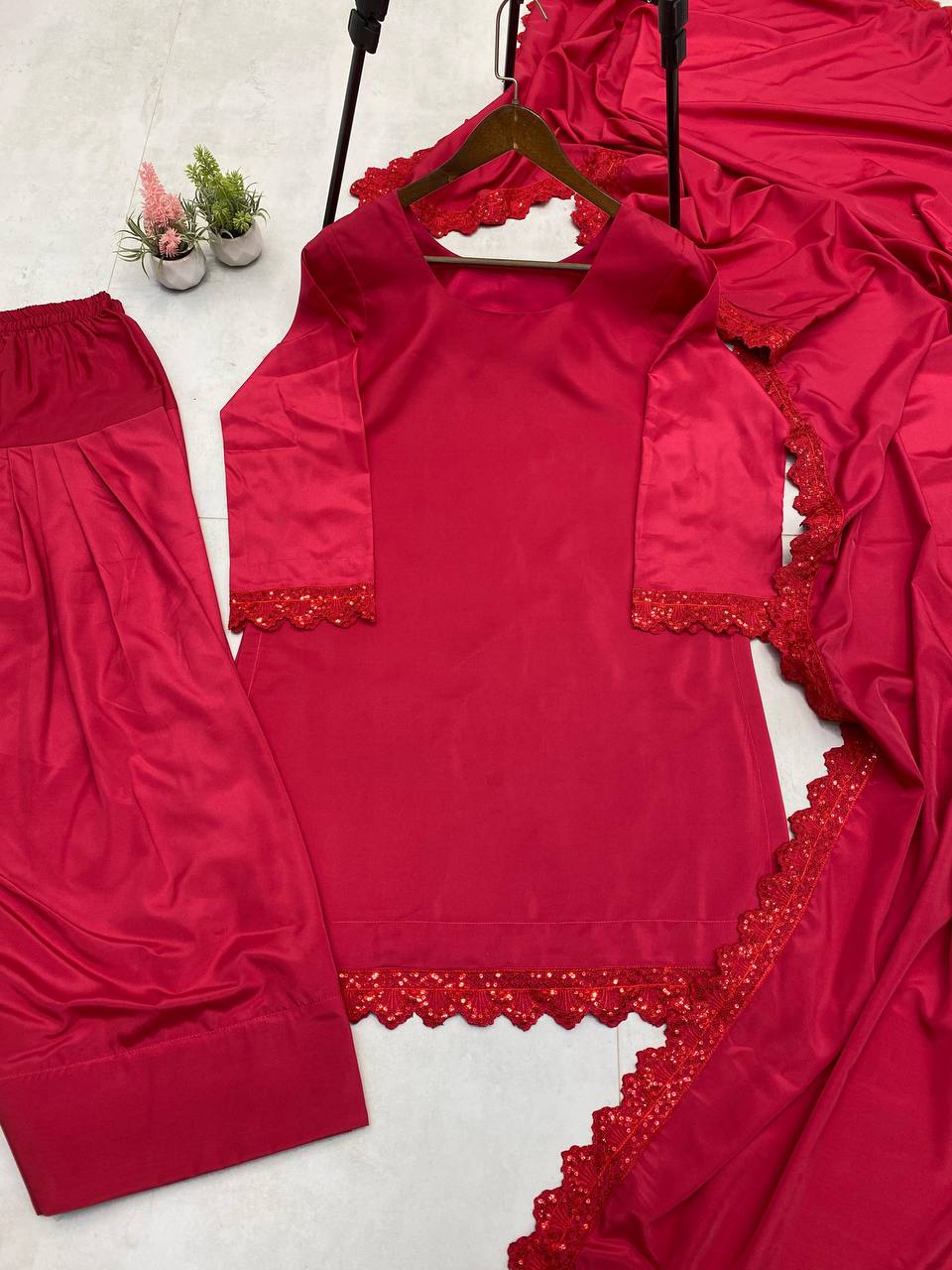 Superhit Red Color French Crape With Sequence Embroidered Work Salwar Suit