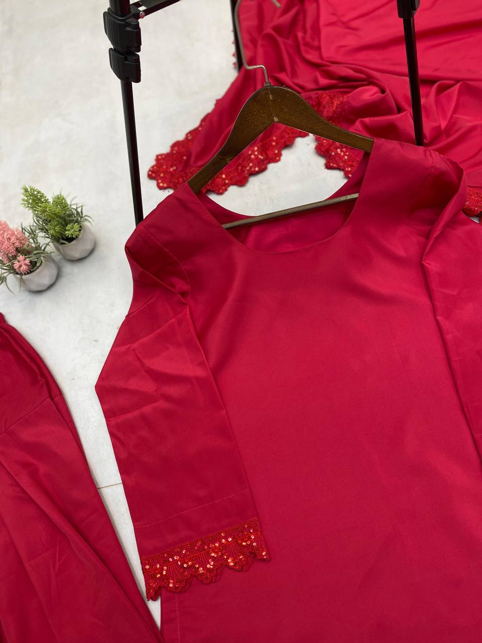 Superhit Red Color French Crape With Sequence Embroidered Work Salwar Suit