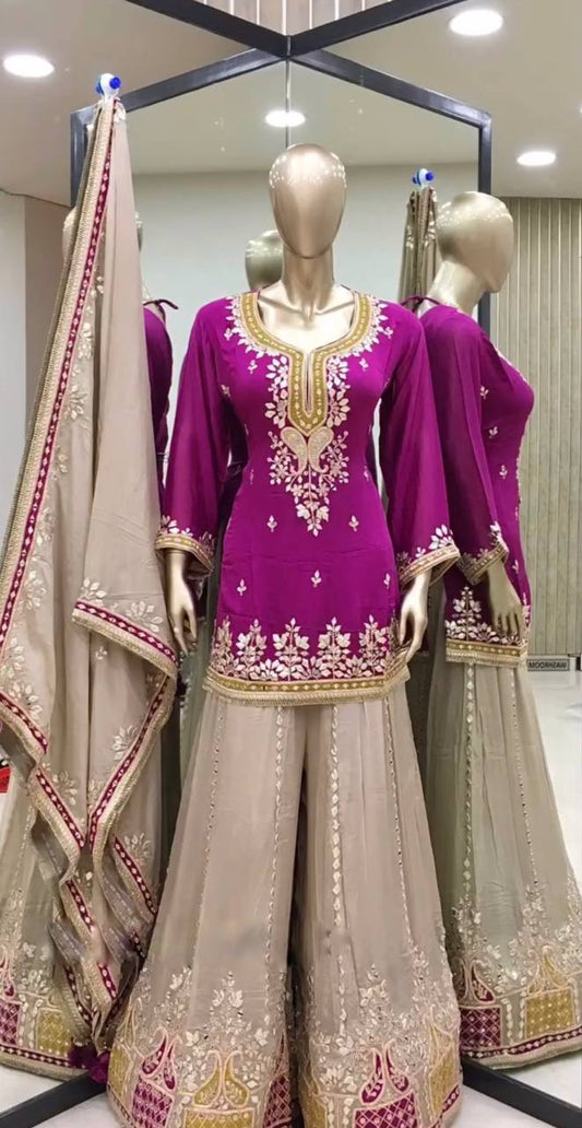Function Wear Burgundy Color Heavy Faux Georgette With Embroidery Sequence Work Sharara Suit